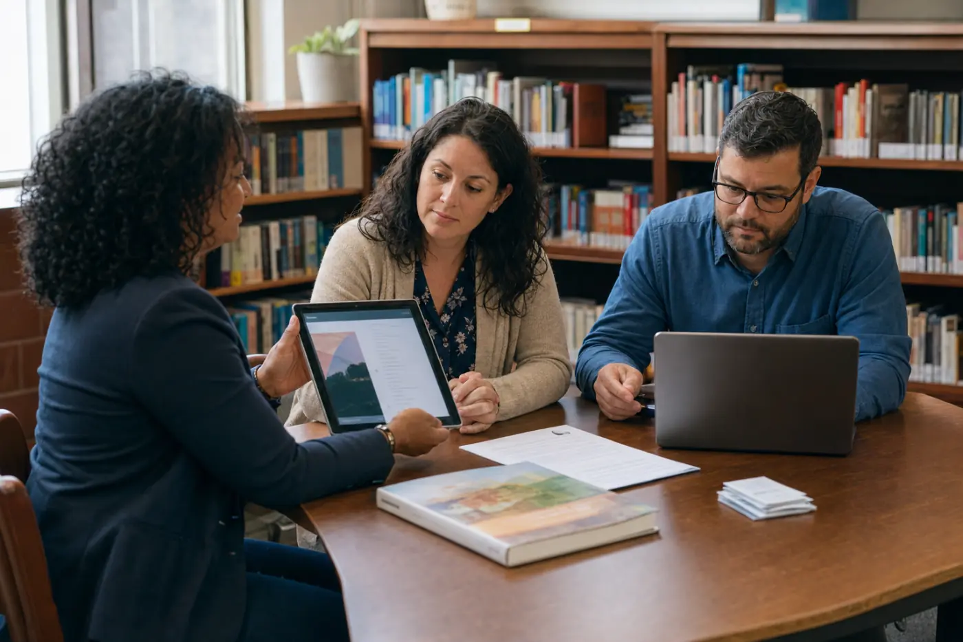 A nonprofit program manager showing a curriculum on a tablet to two school administrators in a library, with a printed copy, a licence agreement and a stack of access-code cards on the table