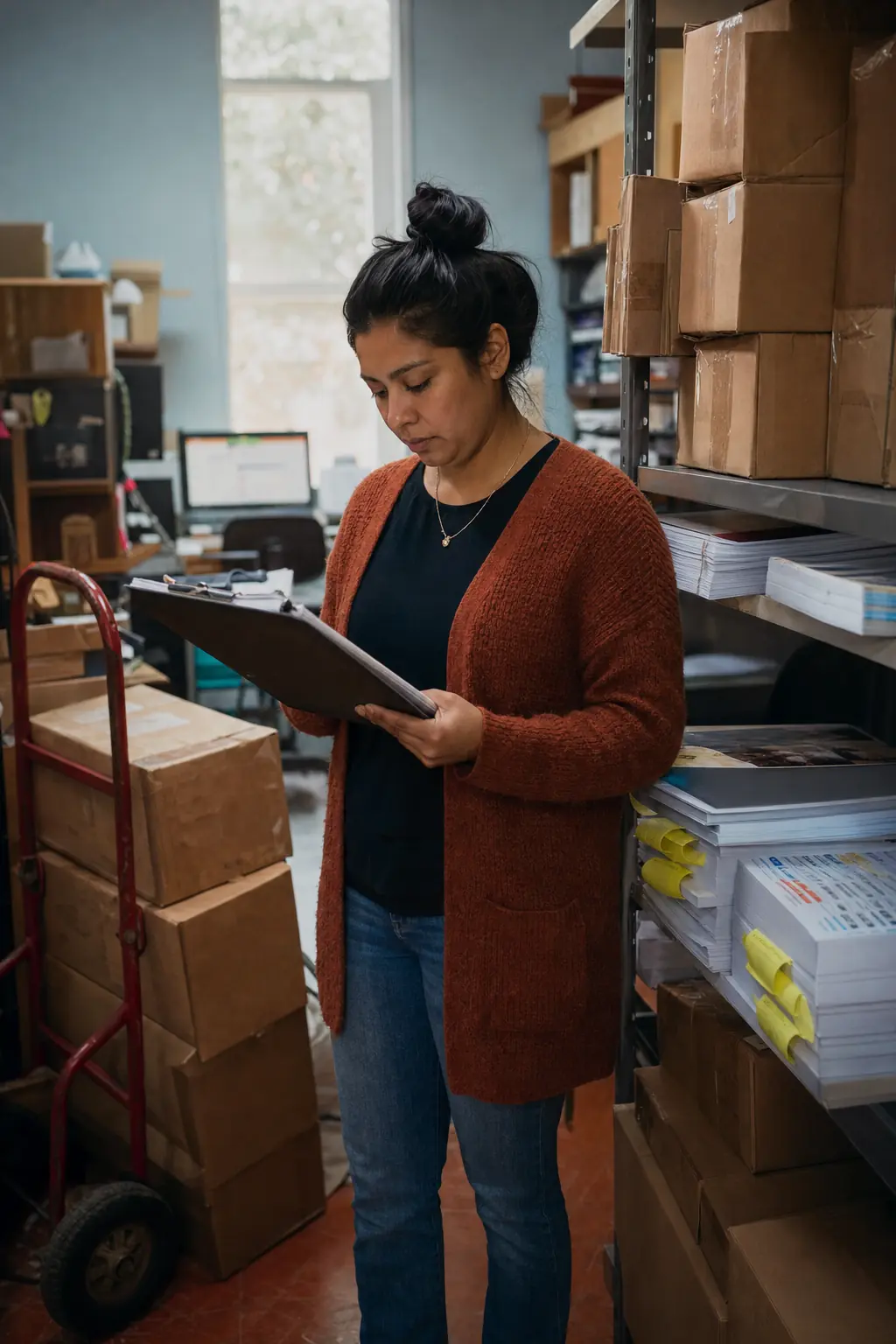 A nonprofit coordinator in a storeroom checking an invoice on a clipboard, beside shelves of boxed and printed training manuals flagged with sticky notes and a hand truck stacked with cartons waiting to ship