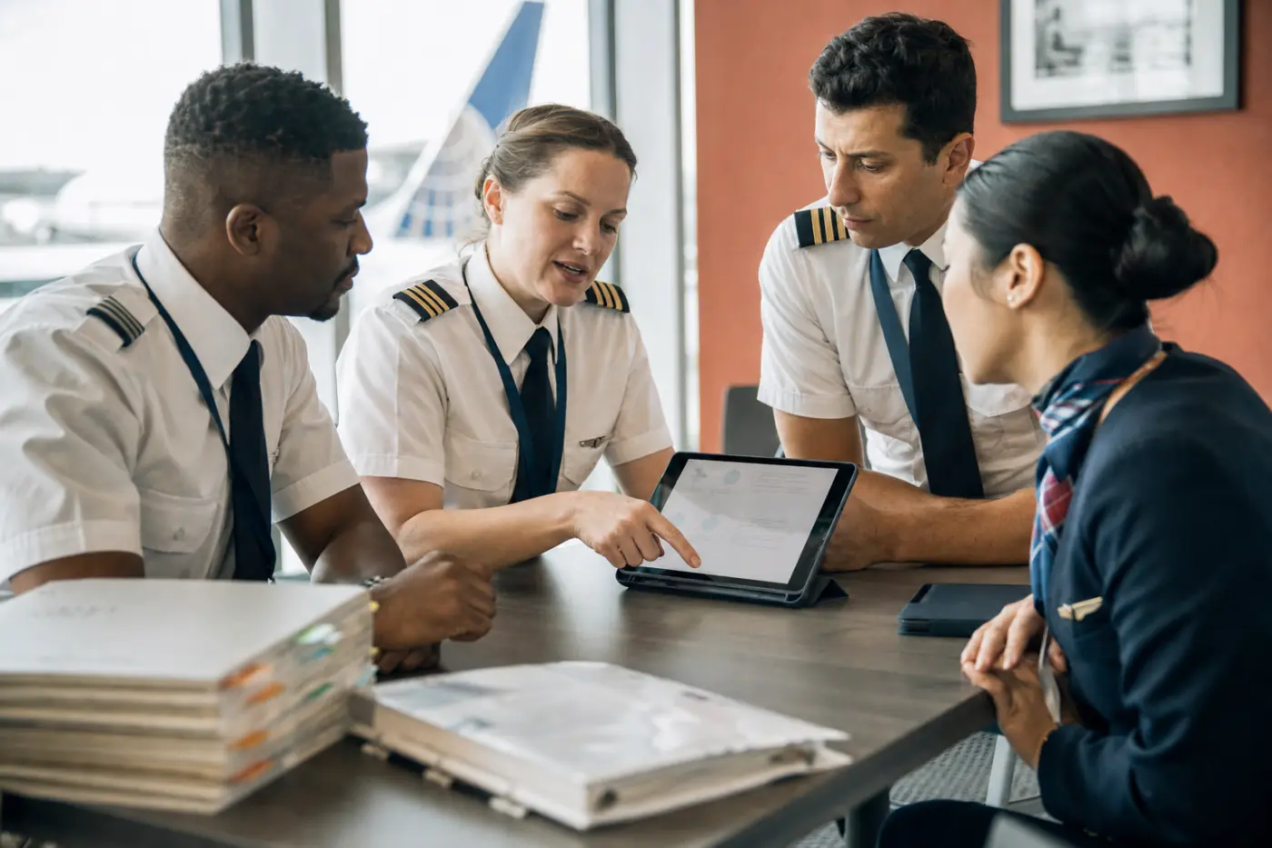 Illustrative aviation training team reviewing material on a tablet