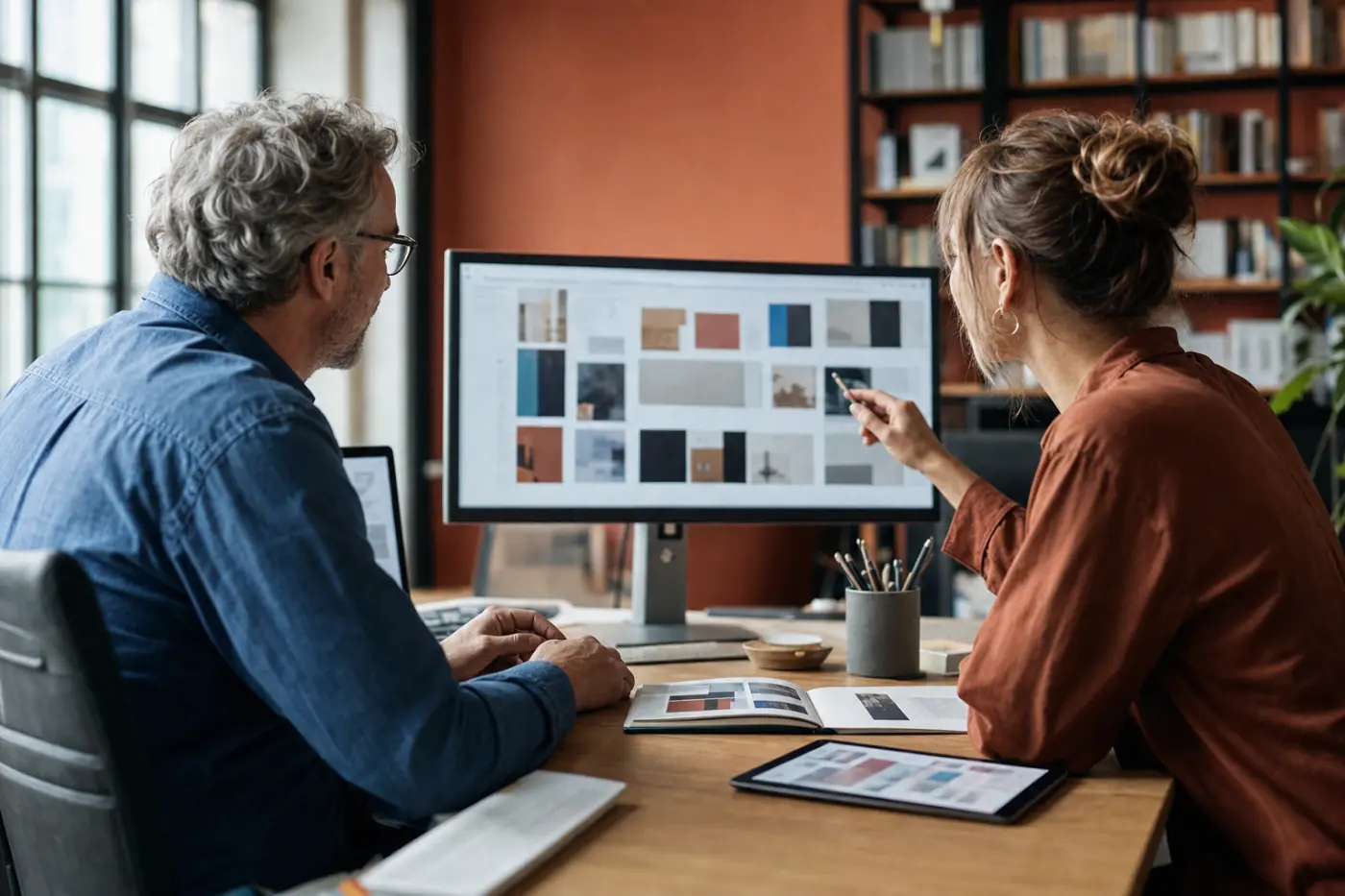 A publishing team reviewing a digital catalog together