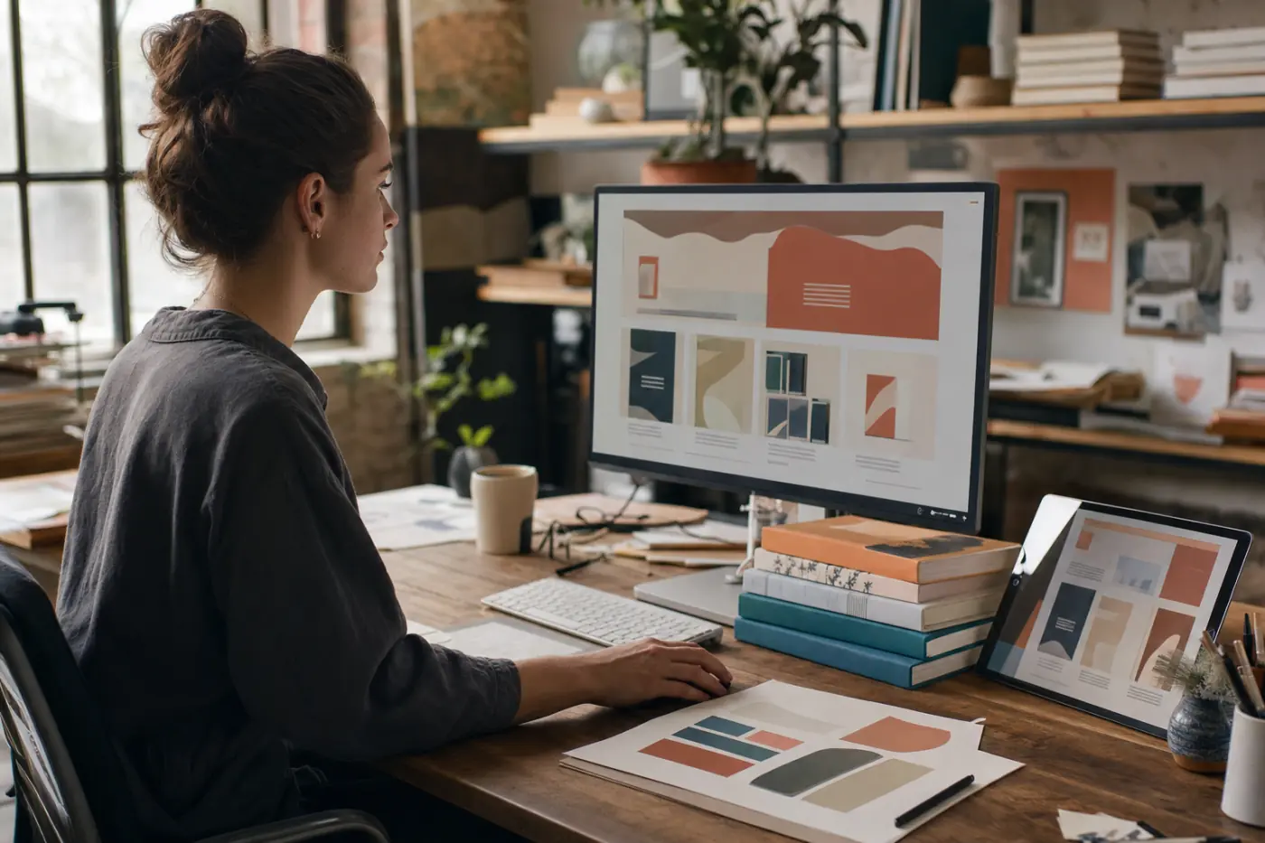 A designer setting up a branded online bookstore, the shop’s own titles stacked beside the keyboard