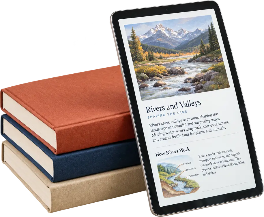 Printed books beside a tablet showing an interactive eBook lesson with an illustrated diagram