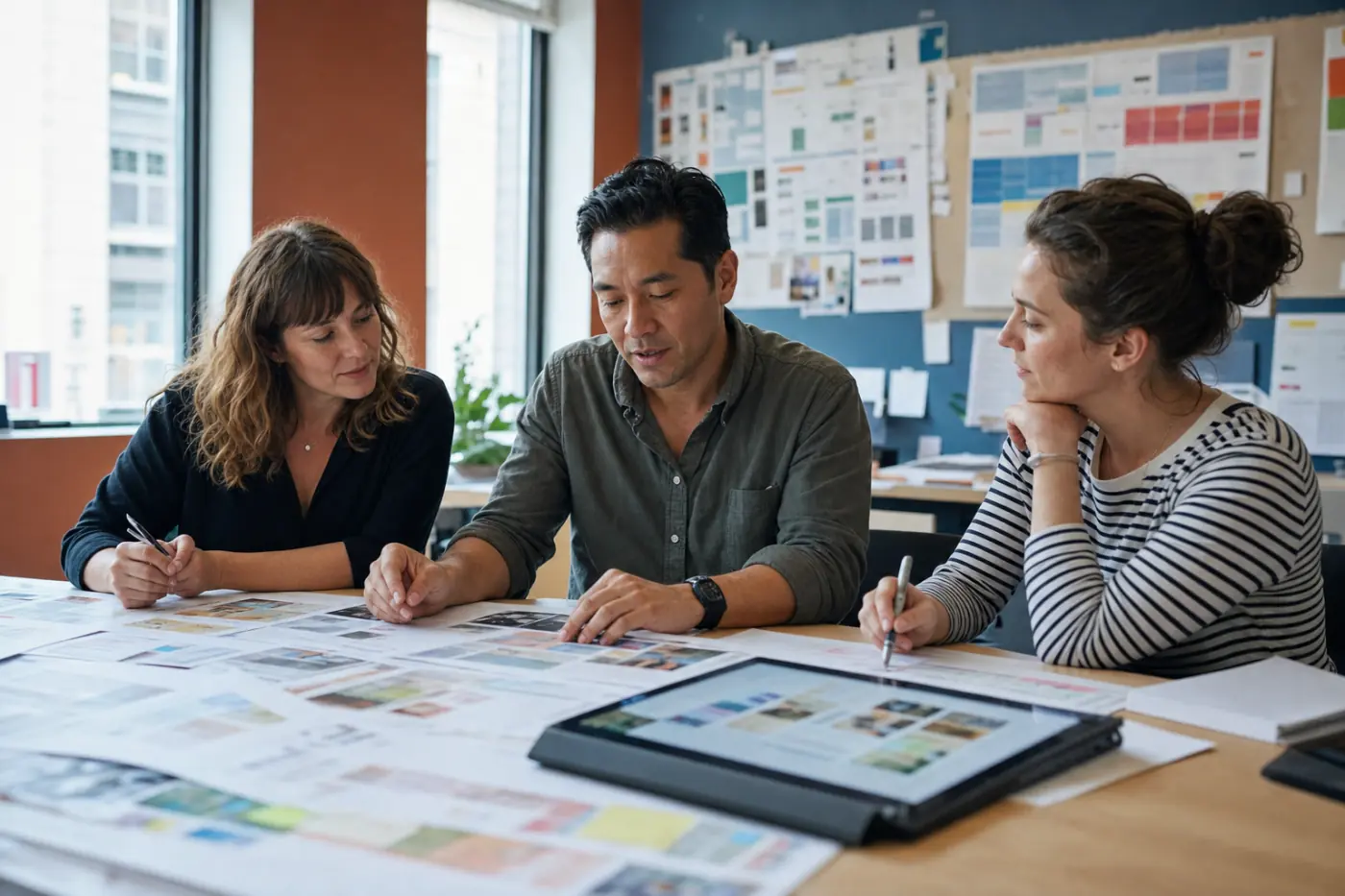 A publishing team reviewing curriculum materials together