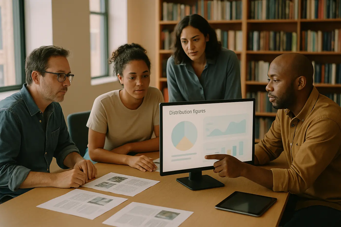 A publishing team reviewing distribution figures on a monitor, with printed reports and a tablet on the table