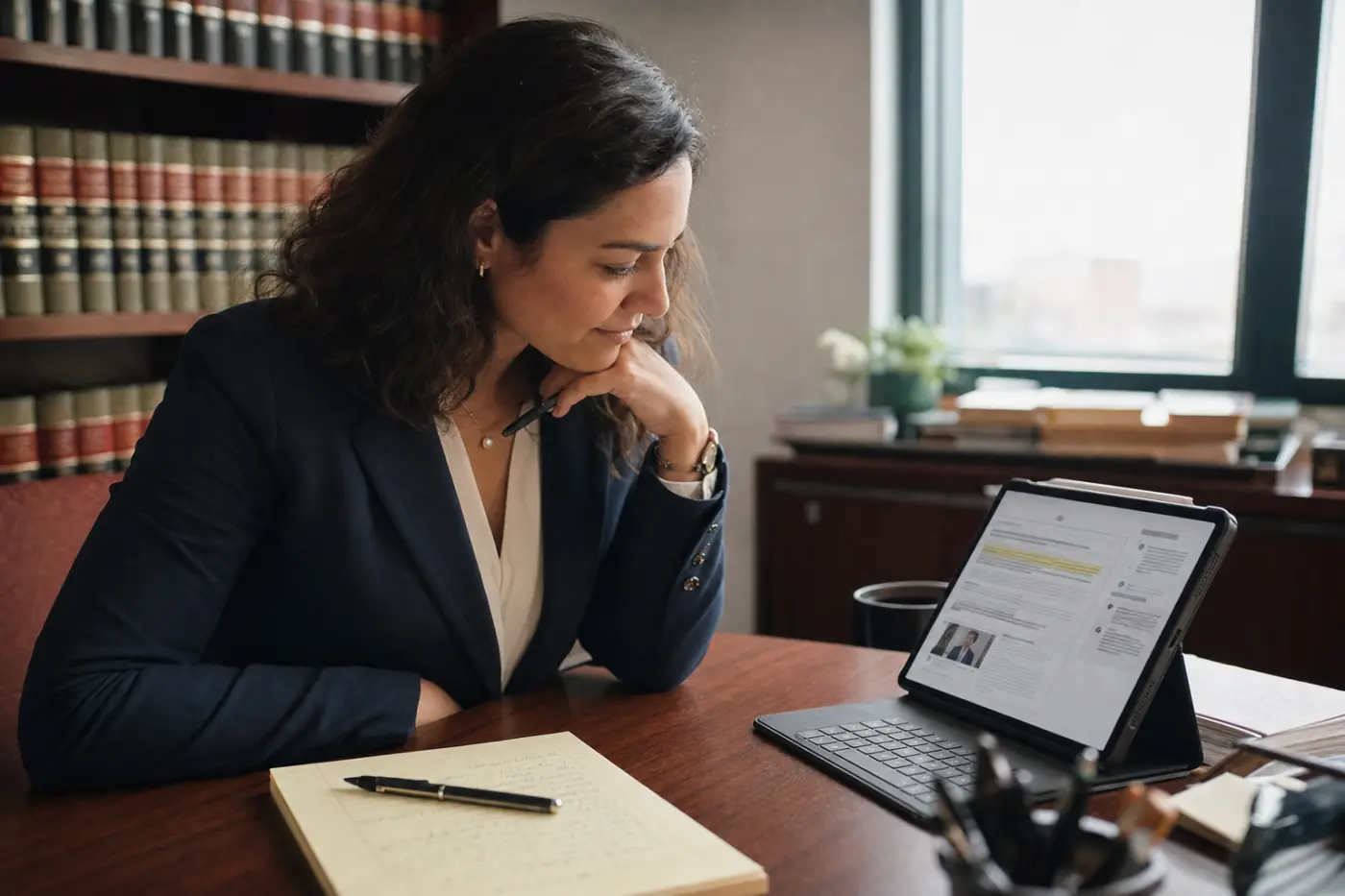 An attorney engaged with an interactive legal ebook and its AI study assistant on a tablet