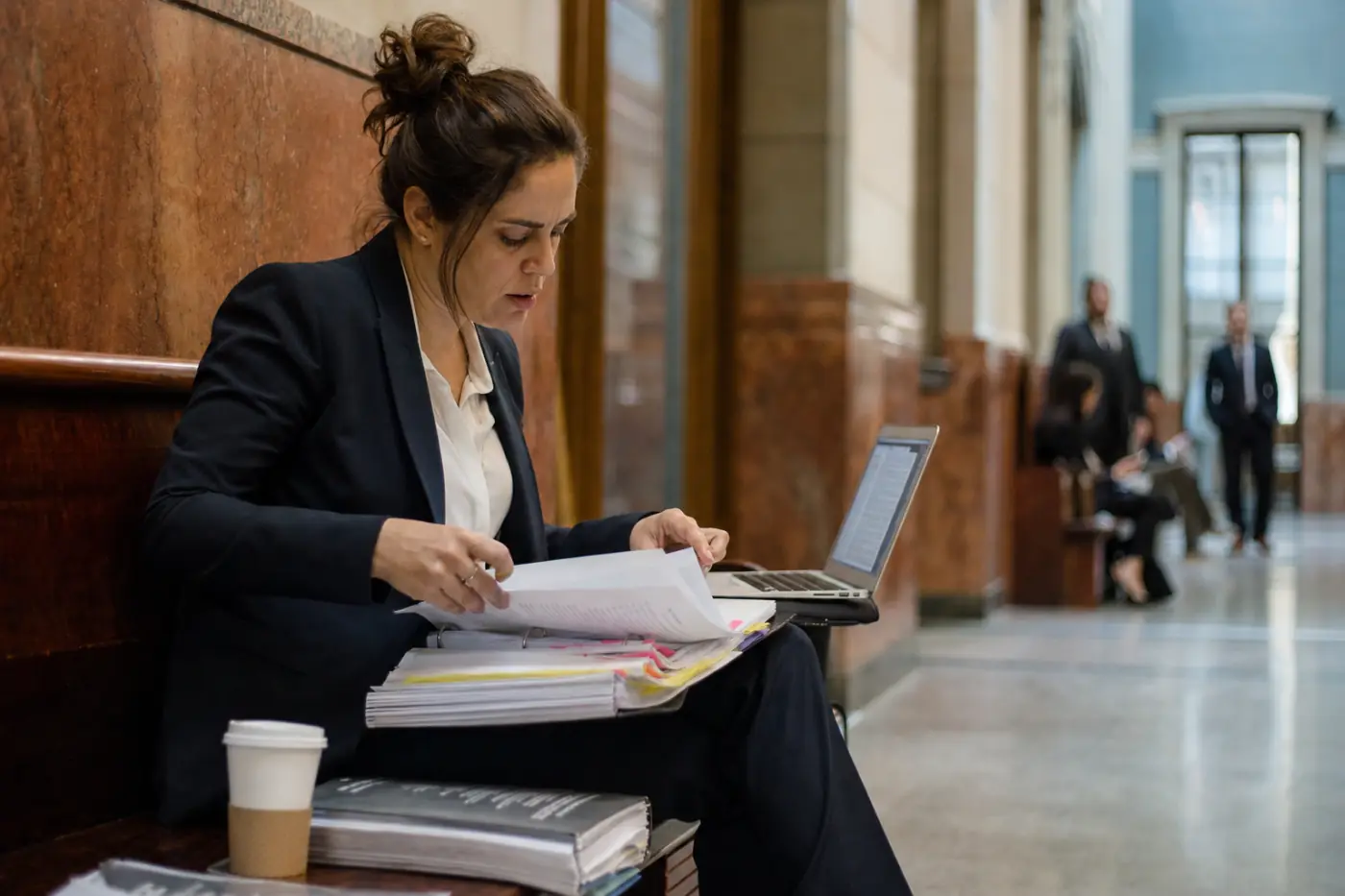 An attorney in a courthouse corridor searching a thick printed CLE binder and a scanned PDF before a hearing