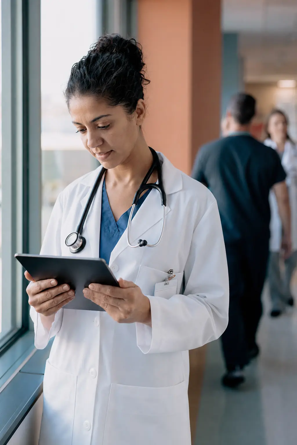 Clinician reading professional reference content