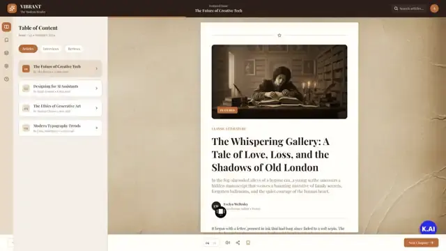 A classic literature reader on warm paper, set in a serif face with a contents panel