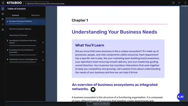A dark corporate reader with a table of contents panel and business course content