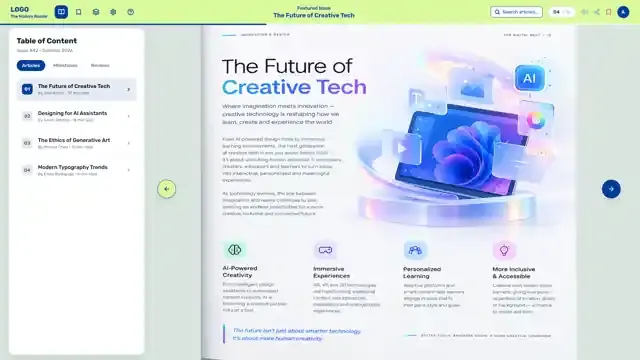 A magazine reader with a lime header, a full-bleed feature spread and a contents panel